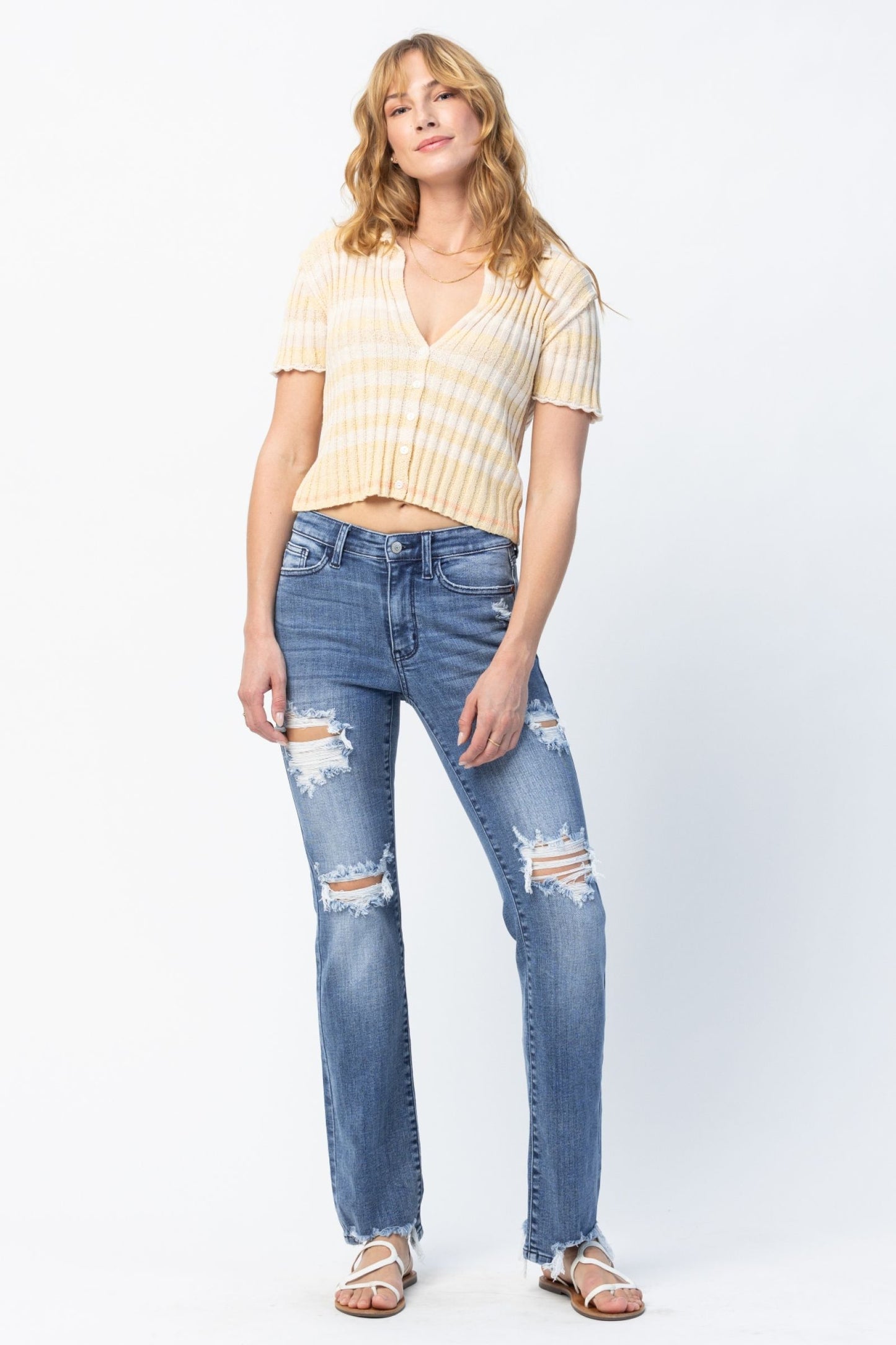 Judy Blue Destroyed Straight Mid-Rise Jeans