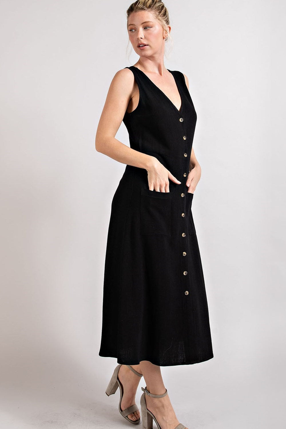 Mia Linen Button Front Midi Dress