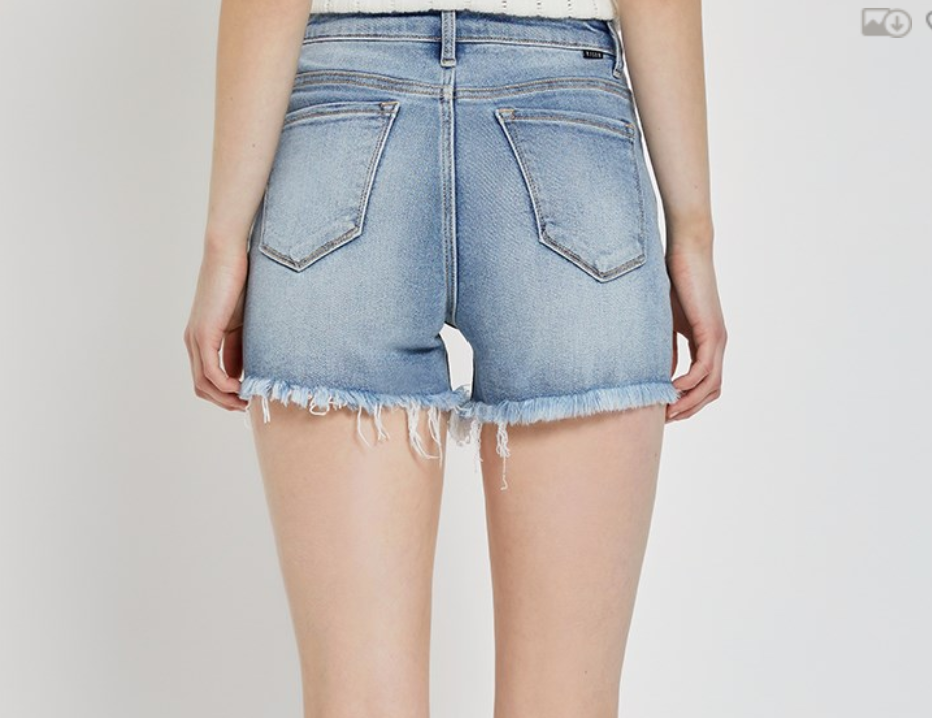 Risen Light Wash High Waist Distressed Shorts