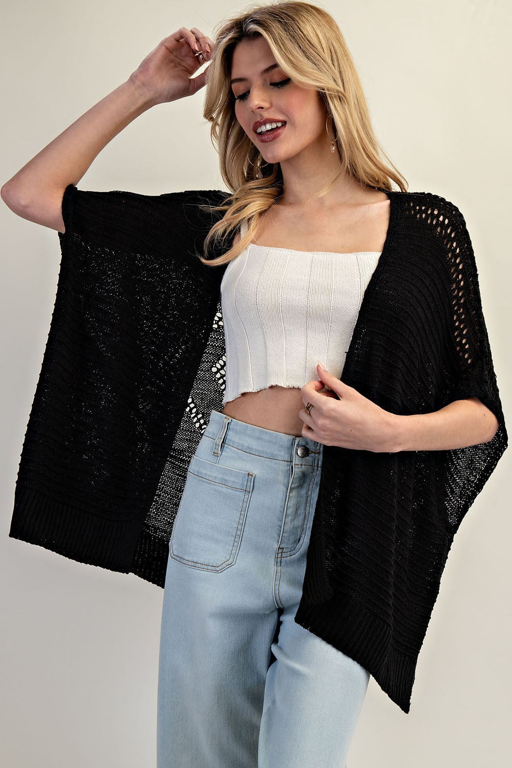 Black Pointelle Ribbed Knit Kimono Cardi