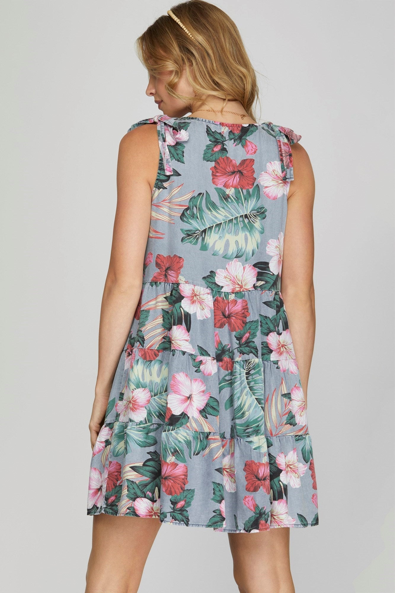 Bianca Bow Shoulder Tropical Chambray Dress