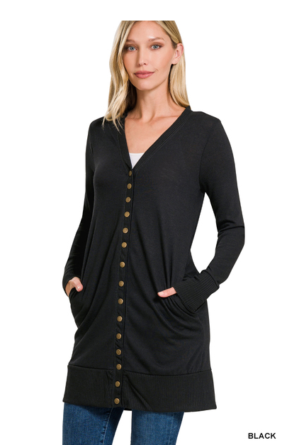 Evey Thigh-length snap button cardigan w/ ribbed detail