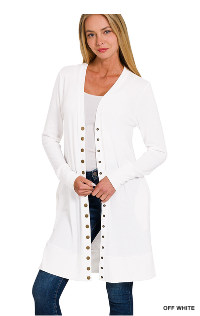 Evey Thigh-length snap button cardigan w/ ribbed detail