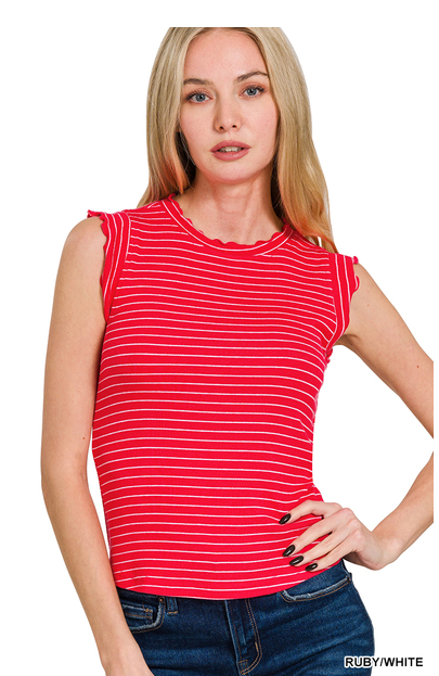 Staci Ribbed ruffle trim sleeveless stripe top