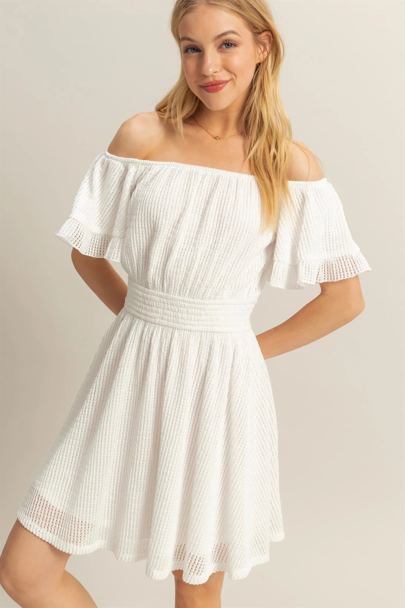 Cora Crochet-Knit Off-Shoulder Dress