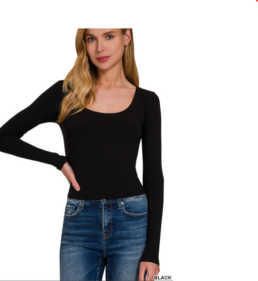 Ribbed Boat Neck Long Sleeve Layering Top