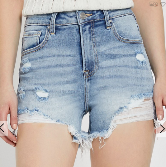 Risen Light Wash High Waist Distressed Shorts