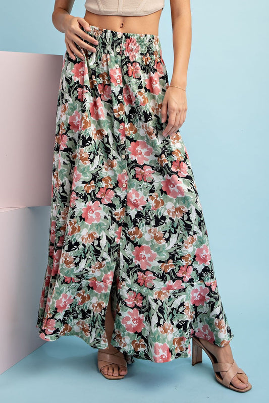 Floral printed maxi/midi skirt. Buttons down to midi length where is splits.