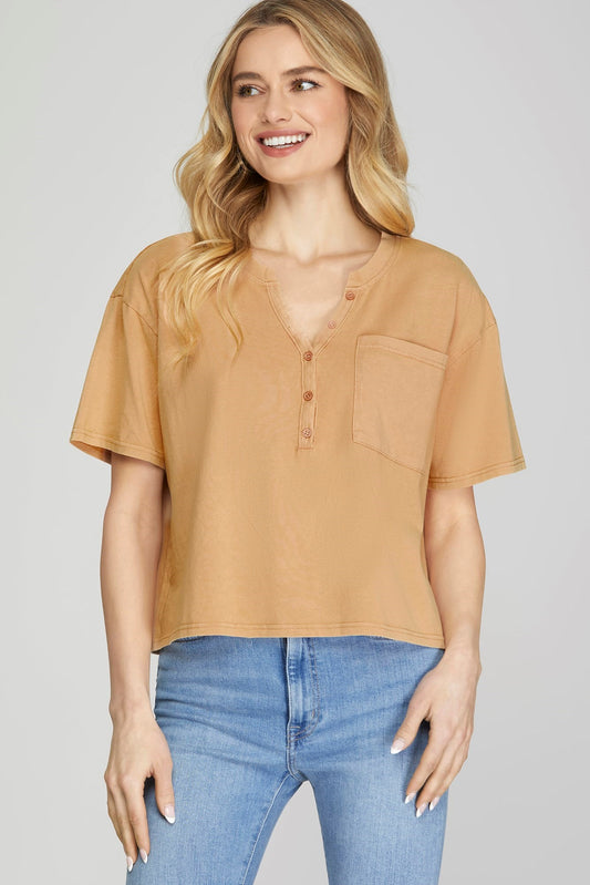 Shandra Short-Sleeve Button front Pocket Tee