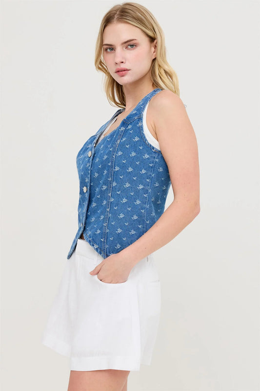 Patterned Denim Vest