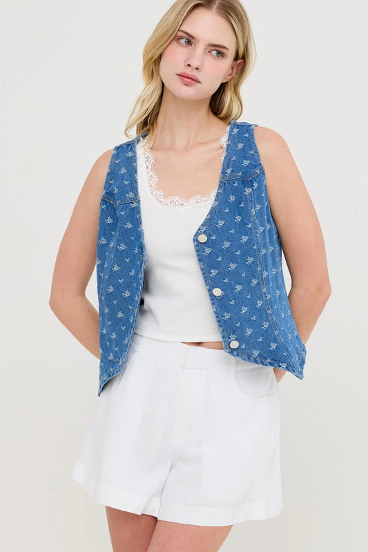 Patterned Denim Vest