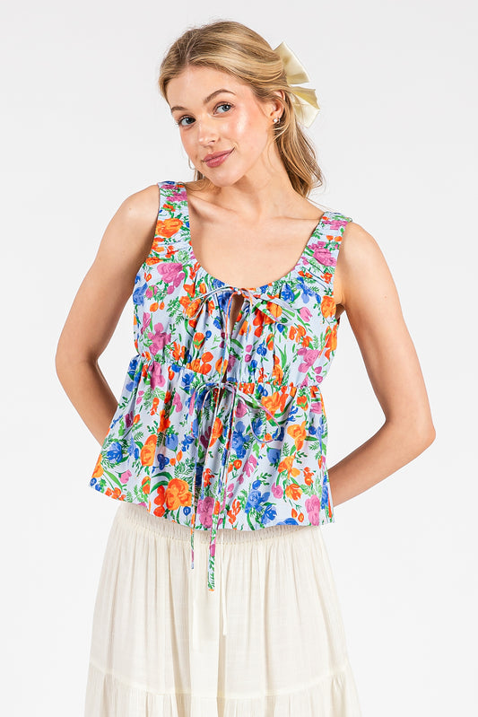 Flower Print Tie-Front Scoop Neck Top