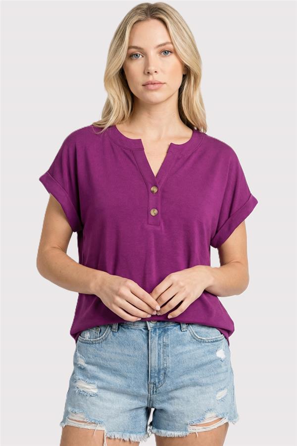 Heather Cuffed Sleeve Henley Tee