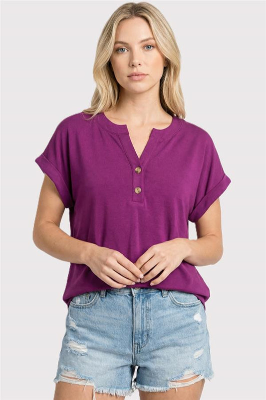 Heather Cuffed Sleeve Henley Tee